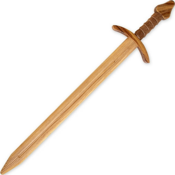 Wooden Replica Knightly Sword 34.5 Beech Wood Practice Blade with Leather Wrapped Handle for Training & Cosplay