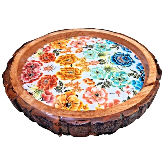Handmade Wooden Epoxy Decorative Resin Platter Floral Design for Snacks, Appetizers Serving Tray