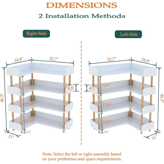 Wooden Reversible Corner Bookshelf - Modern 4 Tiers L-Shaped Storage Shelf with Solid Beech Frame for Home Office Living Room