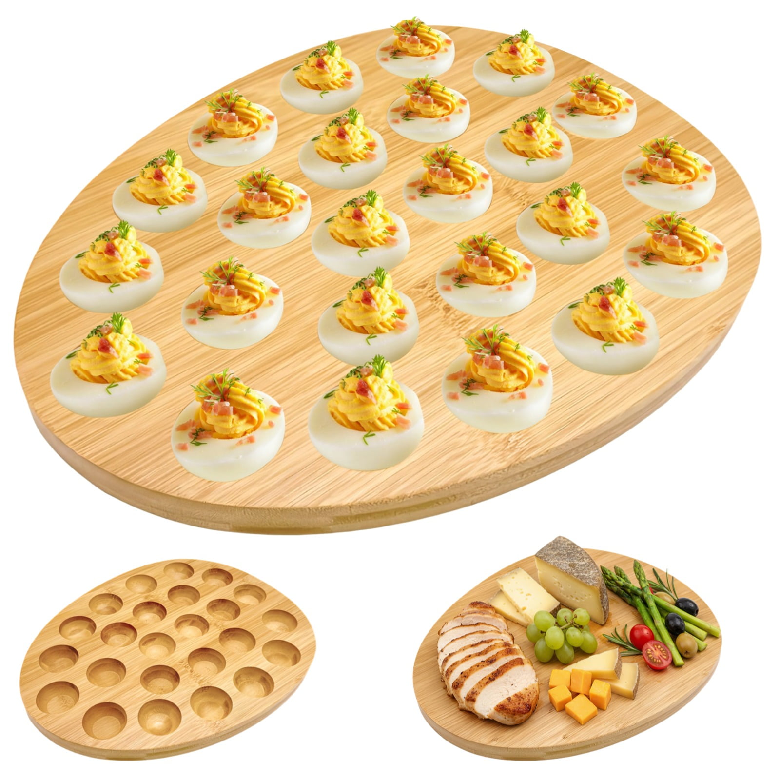 Wooden Reversible Deviled Egg Tray with 24 Holes for Home Party
