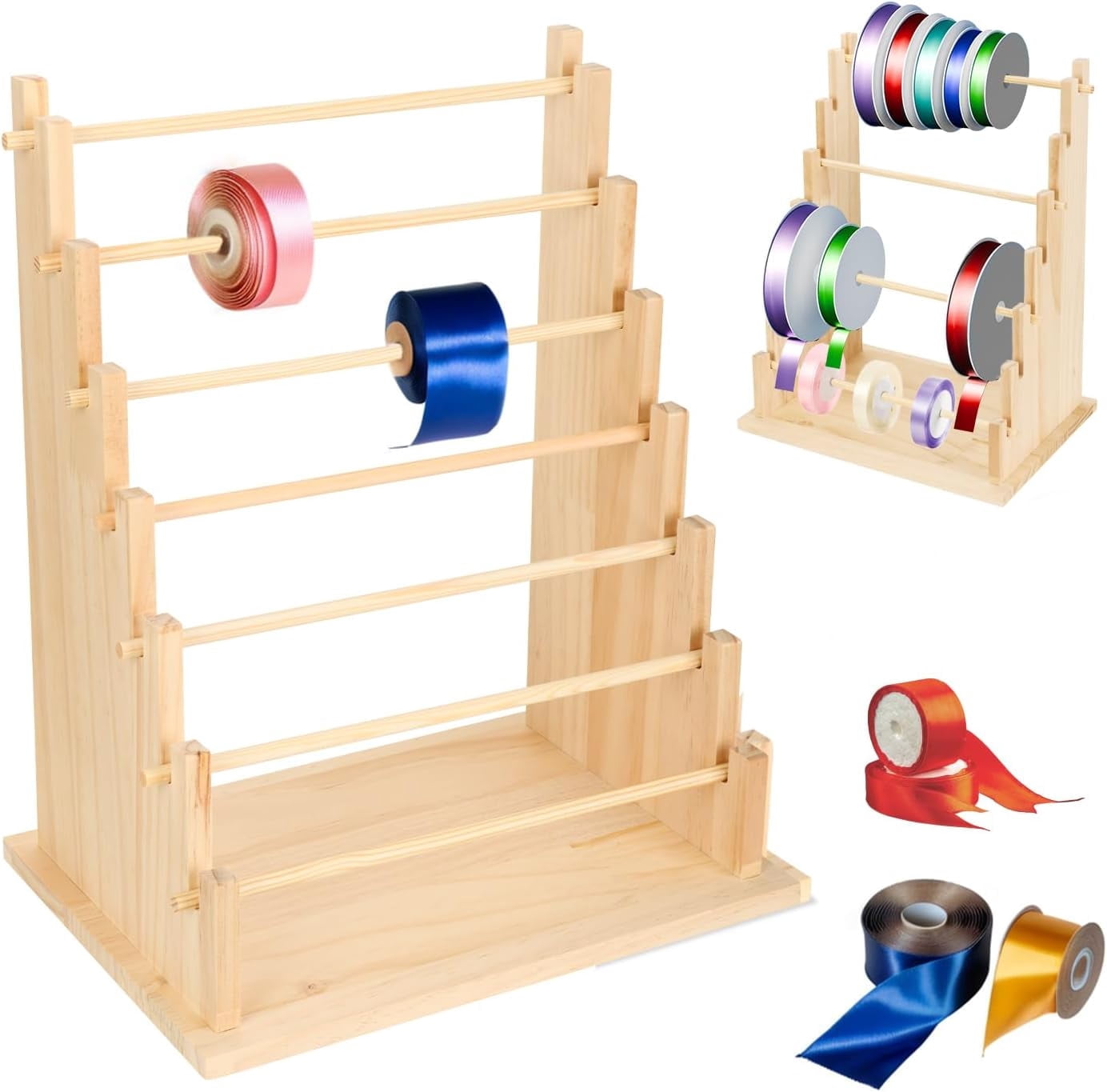 Wooden Ribbon Organizer Rack,Large Capacity Ribbon Holder, Ribbon Spool Holder Stand, Washi Tape Storage Organizer, Wooden Sewing Organizer Display Shelf for Craft Room,Cake Shop(7 Tier)