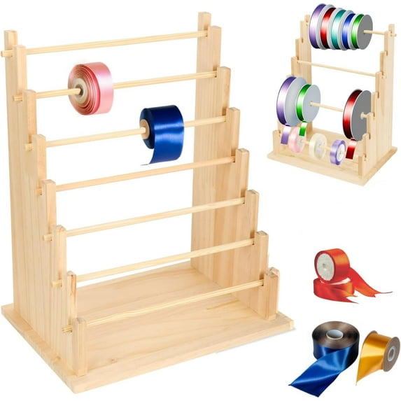 Wooden Ribbon Organizer Rack,Large Capacity Ribbon Holder, Ribbon Spool Holder Stand, Washi Tape Storage Organizer, Wooden Sewing Organizer Display Shelf for Craft Room,Cake Shop (4 Tier)