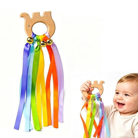 Wooden Ribbon Toy with Bells for Babies, Sensory Hand Kite for Visual Tracking, Rainbow Fabric Infant Grasping Toy for Tummy Time