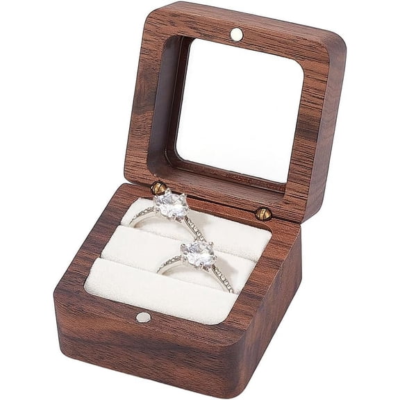 Wooden Ring Box 2.17" Rustic Double Slot Ring Box Ring Bearer Box Square Jewelry Storage Box with Clear Windows and White Sponge Inside for Valentine Wedding Anniversary Engagement Gifts diy