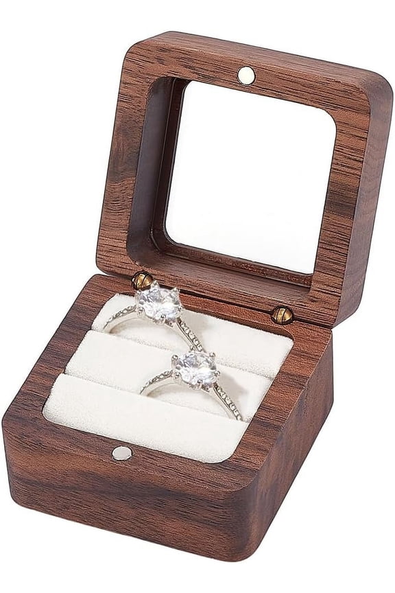 Wooden Ring Box 2.17" Rustic Double Slot Ring Box Ring Bearer Box Square Jewelry Storage Box with Clear Windows and White Sponge Inside for Valentine Wedding Anniversary Engagement Gifts diy
