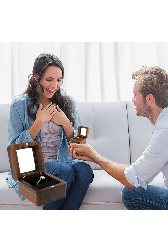 Wooden Ring Box, Engagement Ring Holder Box with Single Slot, Square Wedding Ring Bearer Box for Ceremony, Vintage Ring Gift Box for Proposal Jewelry Storage Case