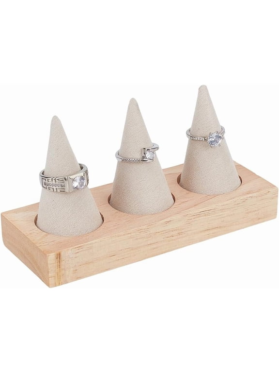 Wooden Ring Holder 3 Cone Velvet Ring Display Stands Beige Jewelry Holder Jewelry Showcase for Women Retail Exhibition Wedding Ring Holder Storage Room Decoration