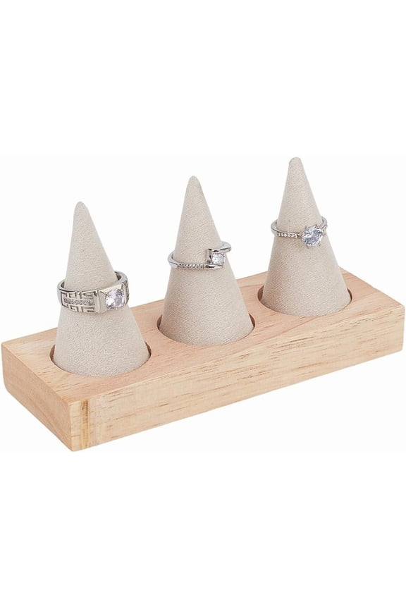 Wooden Ring Holder 3 Cone Velvet Ring Display Stands Beige Jewelry Holder Jewelry Showcase for Women Retail Exhibition Wedding Ring Holder Storage Room Decoration