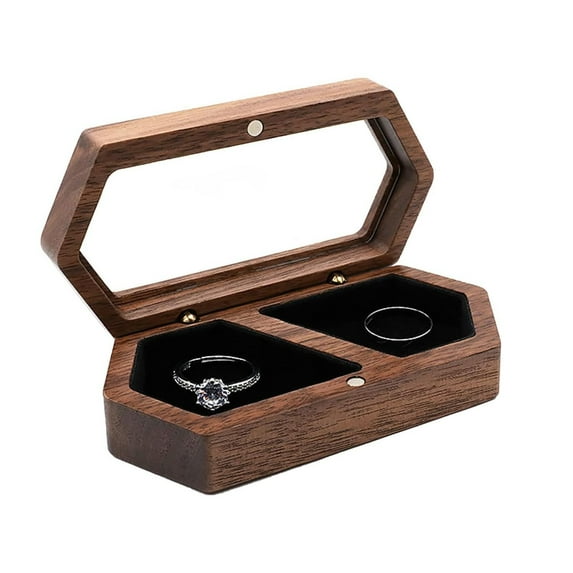 Wooden Ring Holder Jewelry Storage With Transparent Lid Two Slots Walnut Wedding Ring Container For Couples Portable Couple Rings Holder For Wedding Occasion Home Textile Storage