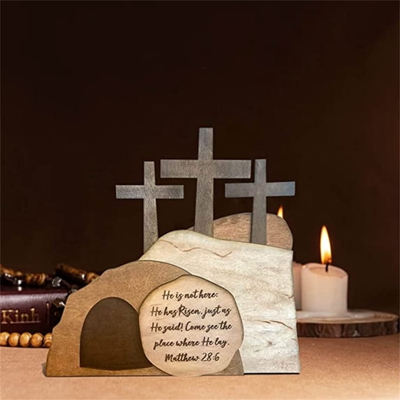 Wooden He Is Risen Easter Decor, Religious Resurrection Scene with Empty Tomb and Cross, Christian Figurine Set, for Home Church Office Table Centerpiece, Inspirational Holiday Gift