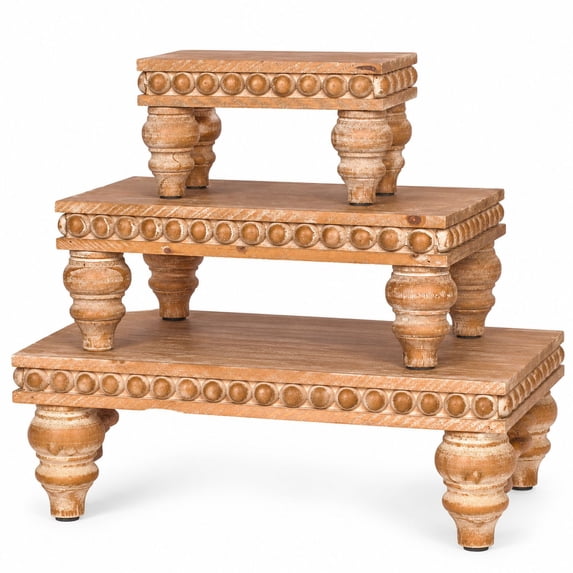 Wooden Riser Set of 3 with Removable Beaded Legs, Rustic Brown Wood ...
