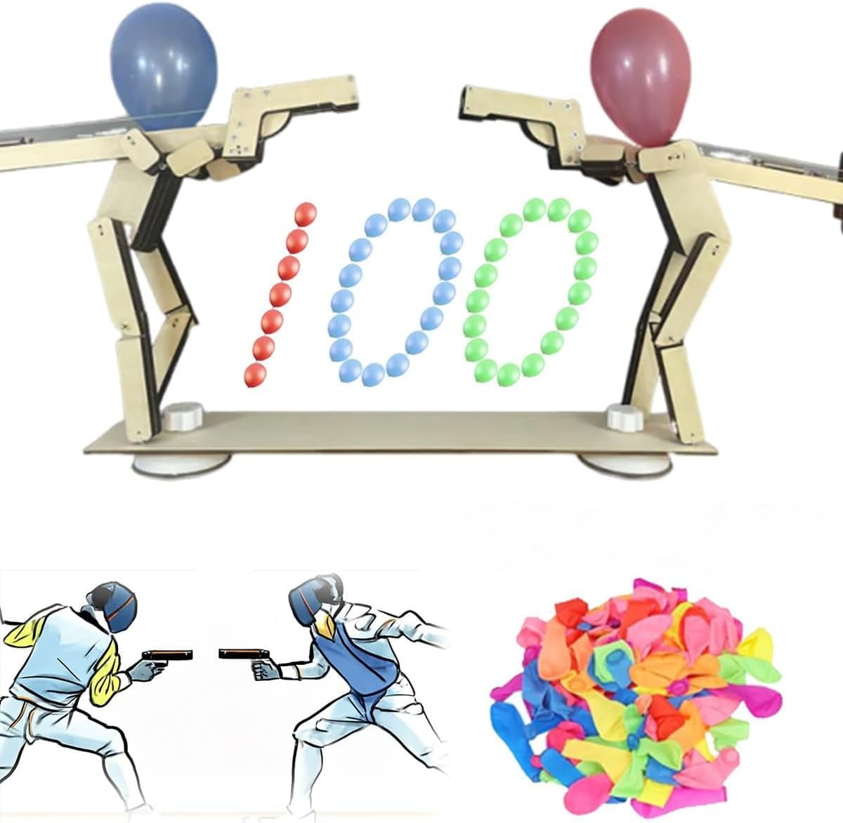 Wooden Robot Handmade Wooden Fencing Puppet Balloon Game Balloon Fighting Strategy Board Game Bamboo Fighting Puppet Party Entertainment Board Game Suitable for 2 Adult Players (Contains 100 Balloons
