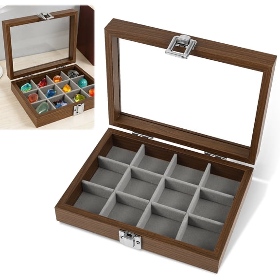 Wooden Rock Display Organizer 12 Grid Storage Case with Velvet Lining for Storing Gemstone Fossil Ring Crystal Collection