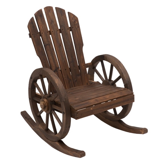 Wooden Rocking Chair Adirondack - Outdoor Rocker w/ Wagon Wheel, Slatted Seat, Carbonized Fir Wood - Porch, Garden, Patio Furniture