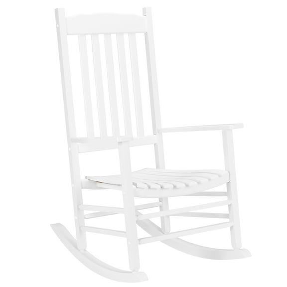 White Square Wood Rocking Chair with Wavy Backboard, Outdoor Porch Rocker, Natural Wood Finish, Easy Assembly