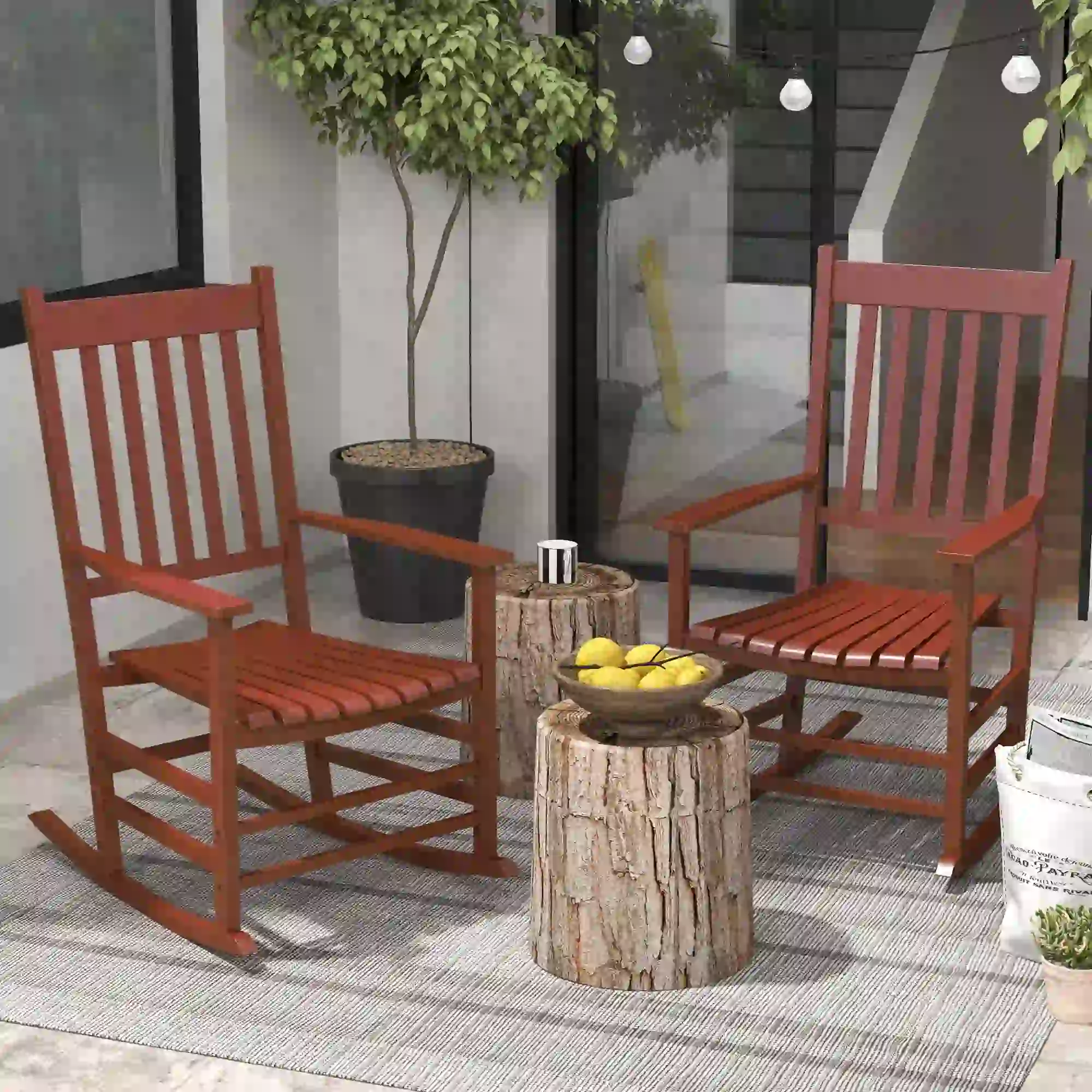 Wooden Rocking Chair Set, Curved Armrests, High Back, Slatted Seat ...