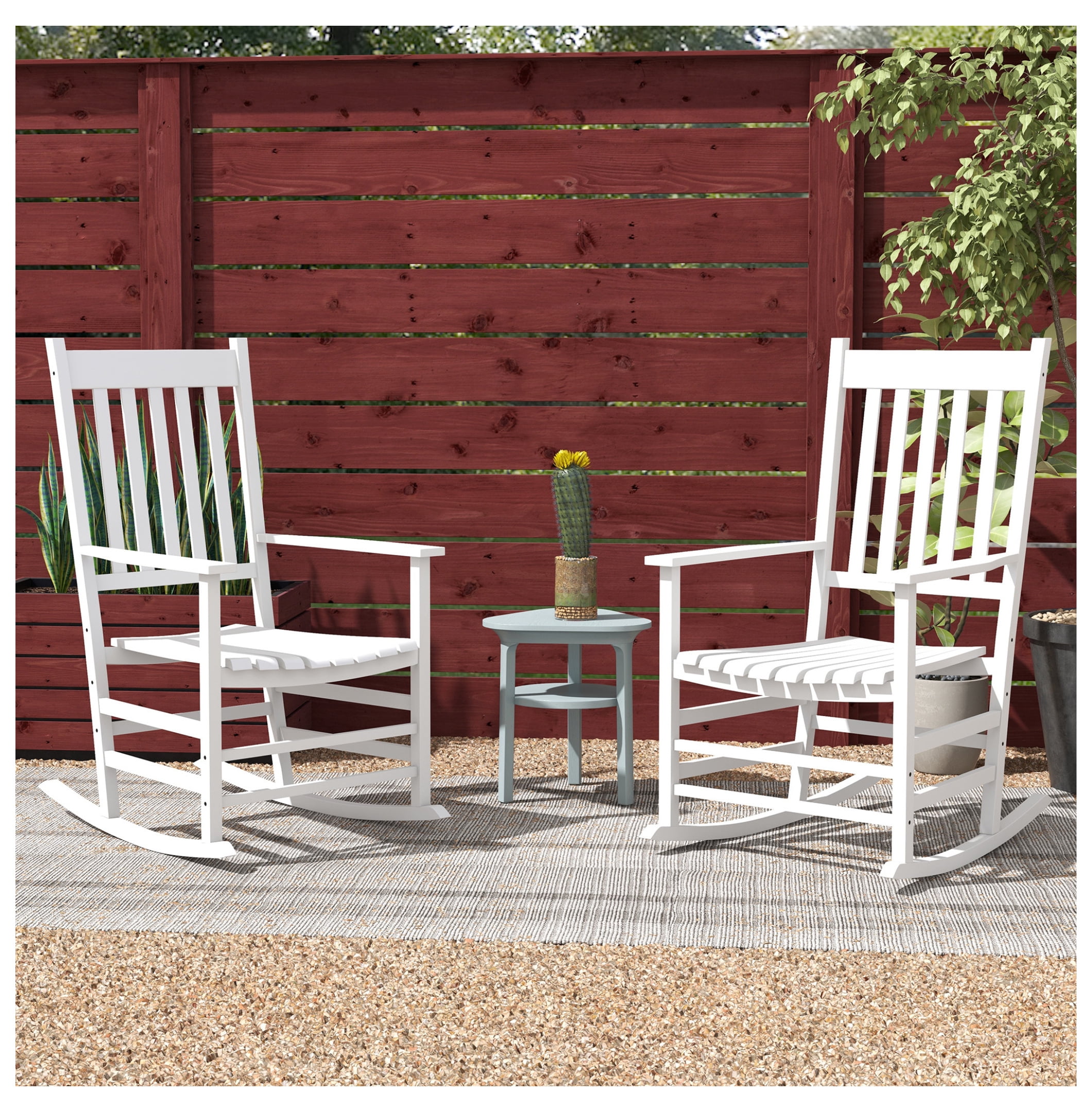 Wooden Rocking Chairs Set of 2, White Outdoor Porch Rocker, Slatted ...