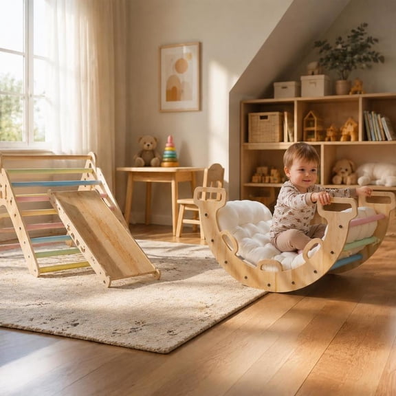 Wooden Rocking Climbing Arch, with cushion, 3-in-1 Montessori kids climber rocker, solid wood, for indoor play