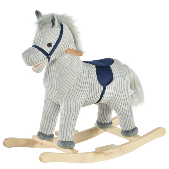 Wooden Rocking Horse with Neighing & Galloping Sounds, Plush Ride-On Toy for Ages 3-6, Gray