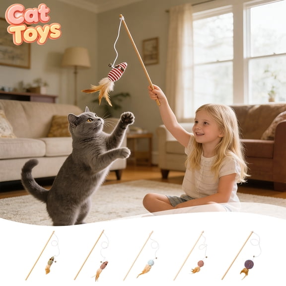 Wooden Rod Cat Teaser Wand Toy, Elastic String Feather Cotton Mouse Bell Interactive Kitten Play Stick, Durable Lightweight Handheld Indoor Enrichment Exercise Cat Fishing Pole Toy For All Cats