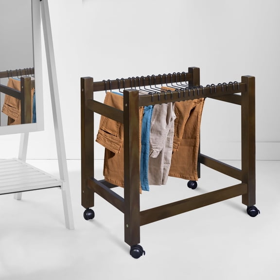 Wooden Rolling Pants Trolley with 16 Hangers