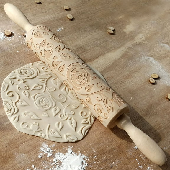 Wooden Rolling Pin, Rose Flower Embossed Engraved Carved Rolling Pin for Home Kitchen Clearance Sale Men Women Gift