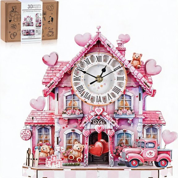 Wooden Romantic House Clock 3D Puzzle DIY Model Kit