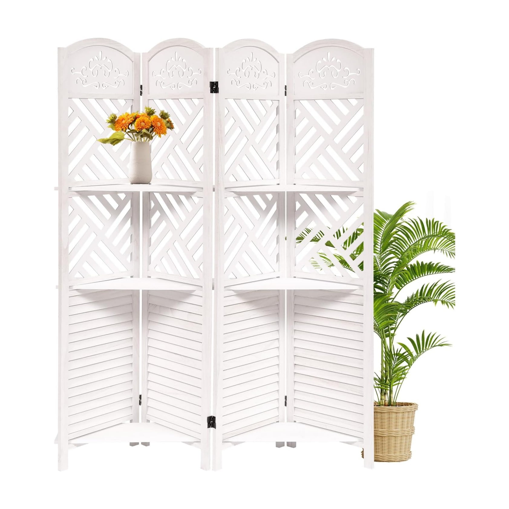 Wooden Room Divider Wall 4 Panel with Holes,5.6FT Tall Room Divider ...