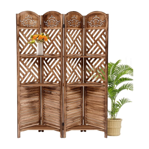 Wooden Room Divider Wall 4 Panel with Holes,5.6FT Tall Room Divider with Shelves,Folding Privacy Screens 67 in for Room Separation Home Office Bedroom