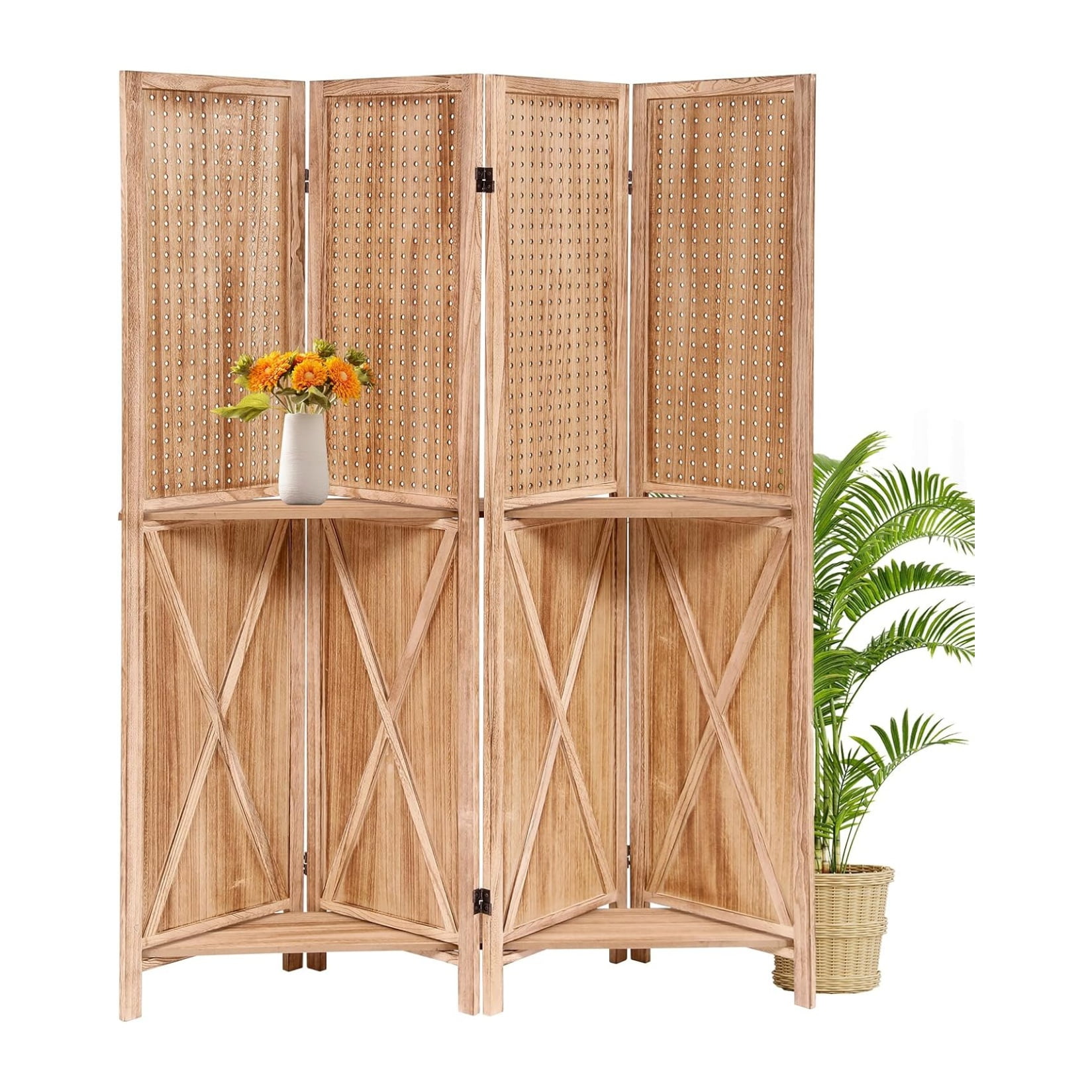 Wooden Room Divider Wall 4 Panel with Holes,5.6FT Tall Room Divider ...