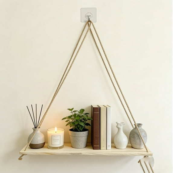 Wooden Rope Shelf Rack Wall Hanging Decorative Rack – Rural Floating Shelf Display for Living Room Bedroom Bathroom Kitchen