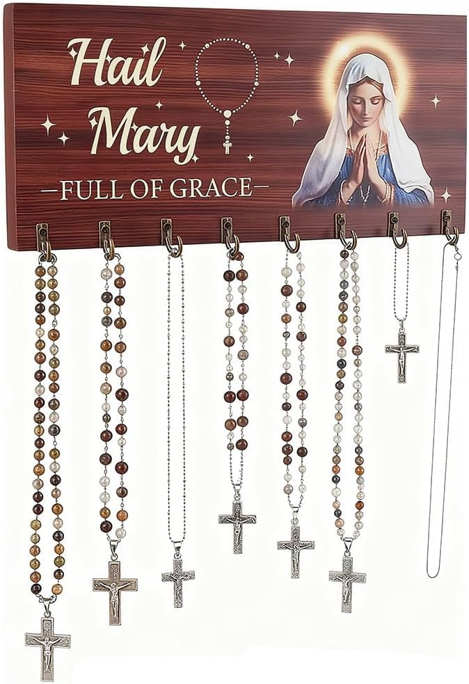 Rosary Rack Wooden Rosary Holder Wall Mounted with 8 Hangers Wall Mounted Necklace ...