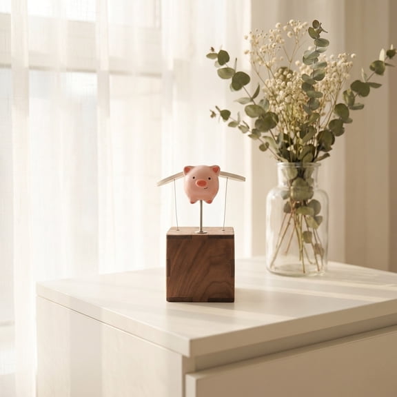 Wooden Rotating Flying Pig Box Ornament Decor for Desk Shelf Office
