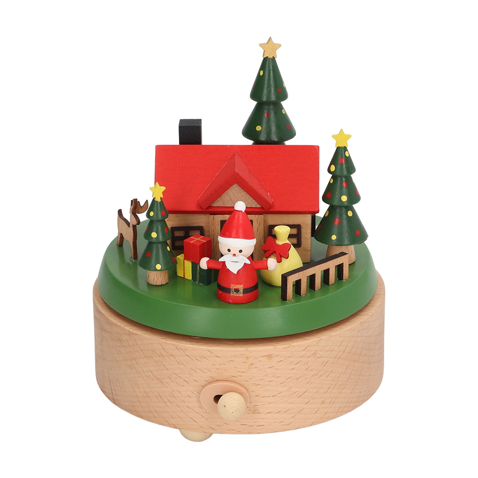 Wooden Rotating Music Box Round Bottom Santa House Christmas Music Box