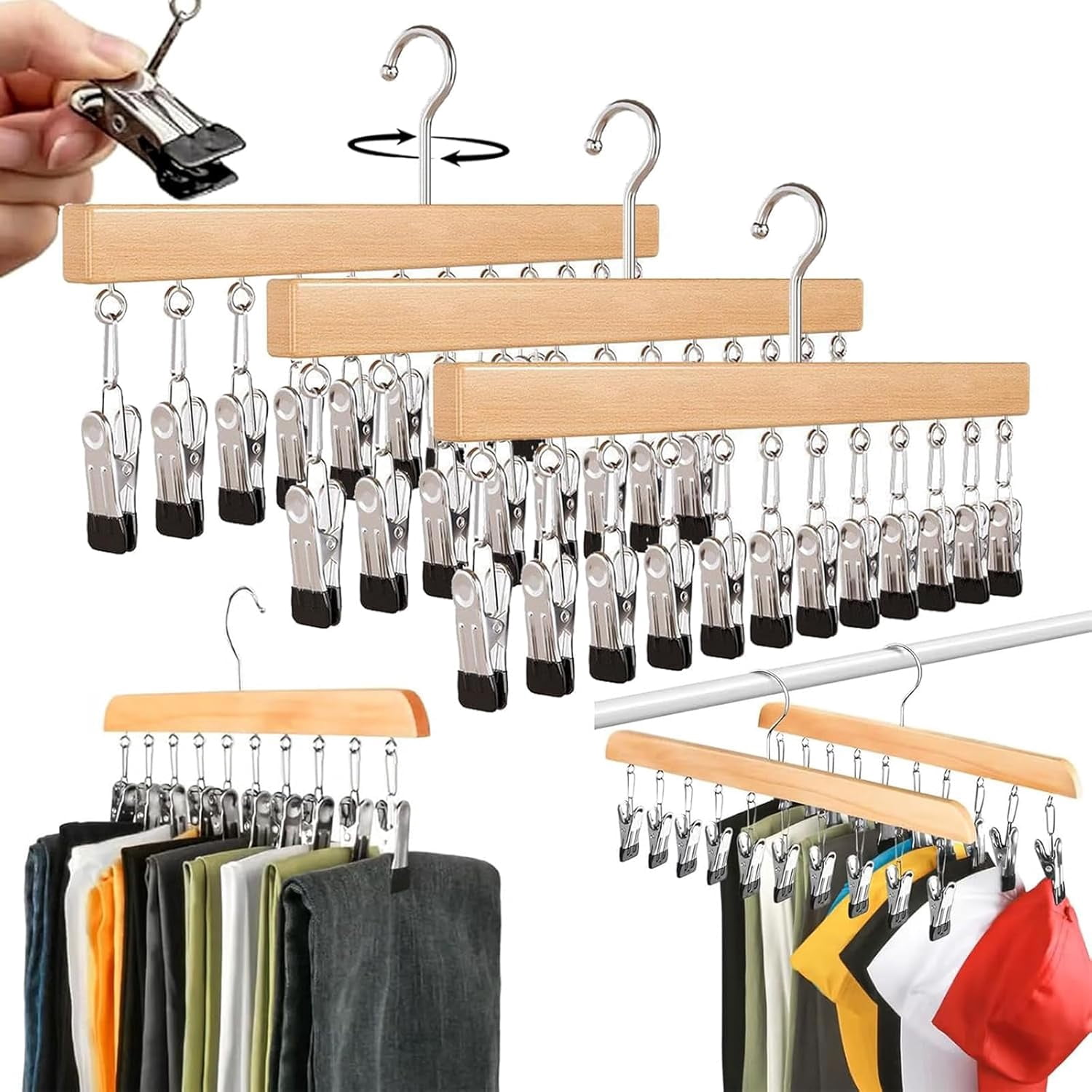 Wooden Rotating Pants Hanger with 10 Clips – Space-Saving Closet Organizer for Pants and Leggings, 360° Swivel Design