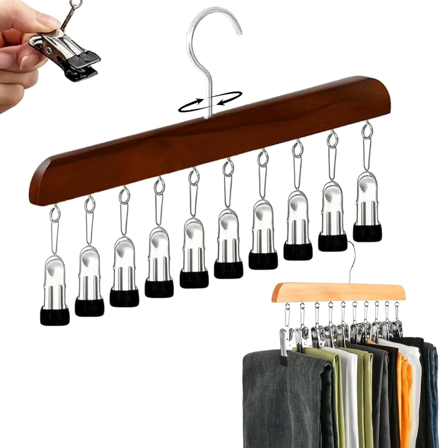 Wooden Rotating Pants Hanger with 10 Clips – Space-Saving Closet Organizer for Pants and Leggings, 360° Swivel Design