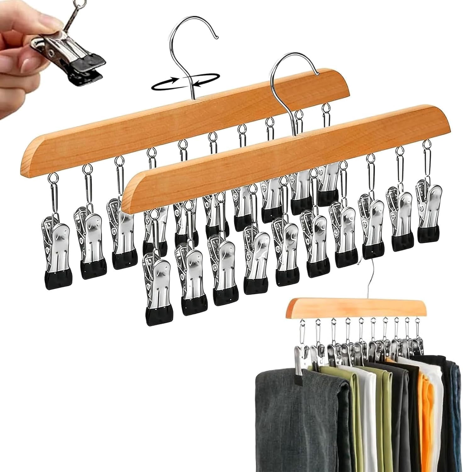 Wooden Rotating Pants Hanger with 10 Clips – Space-Saving Closet Organizer for Pants and Leggings, 360° Swivel Design