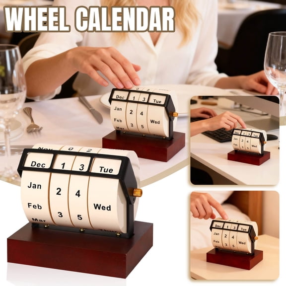 Wooden Rotating Perpetual Calendar Desktop Calendar, Spinning Wheel Manual Adjustment Month Date Day, Retro-Style Practical Aesthetic Home Office Study Decorative Ornament,