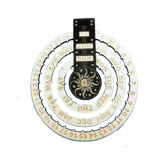 Wooden Rotating Perpetual Calendar - Modern Minimal Design, Timeless Decor, Year-Round Use for Desk or Wall, Textured Finish, Diameter 27.5cm, Total Height 350mm, Perfect Office Home Accent A
