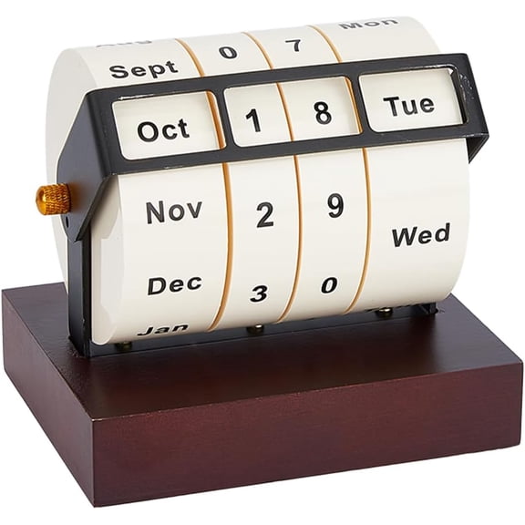 Wooden Rotating Perpetual Calendar Wood Creative Calendar Gift Month Week Day Date Display Desk Date Display for Home Office 11.9x9.4x10.7cm