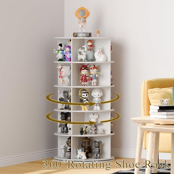 Wooden Rotating Shoe Rack, 5 Tier Spinning Shoe Rack Tower for Closet, Storage Organizer for Entryway, Bedroom, Living Room (Embossed White, 5 Tier)