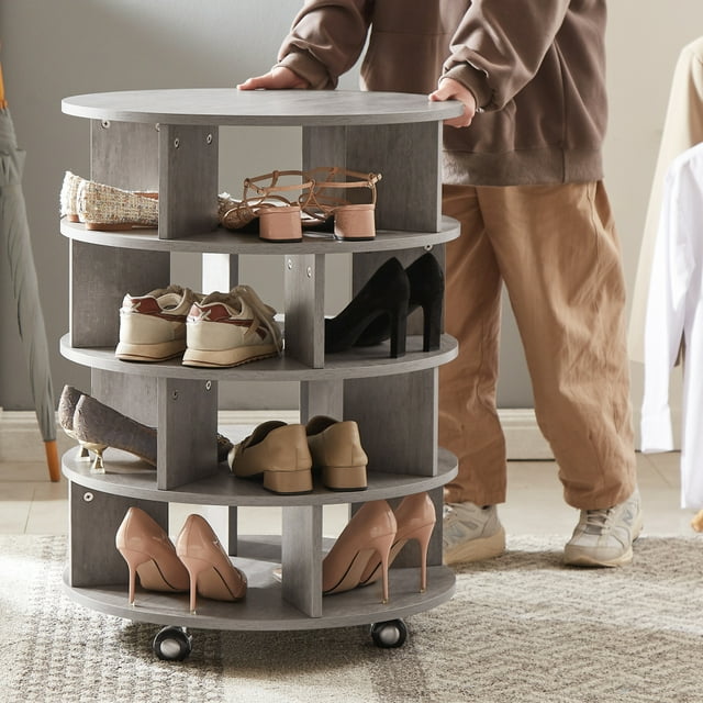 Wooden Rotating Shoe Rack Tower, 4 Tier Revolving Shoe Storage with 4 Wheels, 360 Spinning Wood