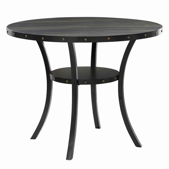 Wooden Round Counter Table with Open Shelf and Nailhead Studs Black