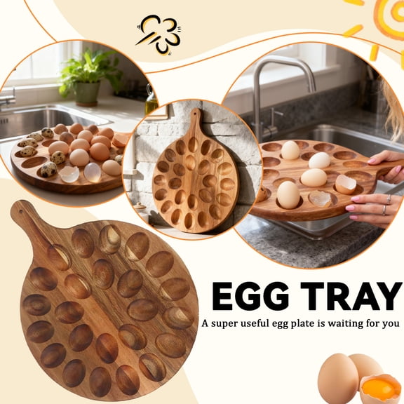 Wooden Round Deviled Egg Platter, Deviled Egg Tray With Slotted Design Holds Multiple Deviled Eggs & Easy Grip Handle For Serving, Charcuterie Board & Easter Deviled Egg Carrier