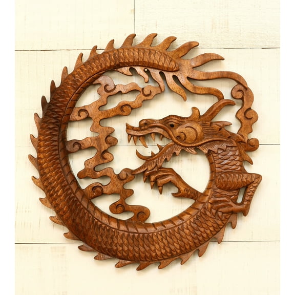 Wooden Round Dragon Wall Hanging Hand Carved Relief Plaque Statue Sculpture Handcrafted Gift Art Home Decor Figurine Accent Decoration Handmade Size: 8" diameter x 1" deep