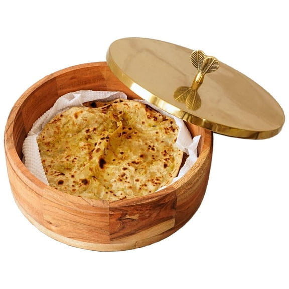 Wooden Round Roti / Tortilla / Flatbread Casserole Box with Stainless Steel (Gold Color) Lid, Measures 9-inches Wide x 3-inches Tall