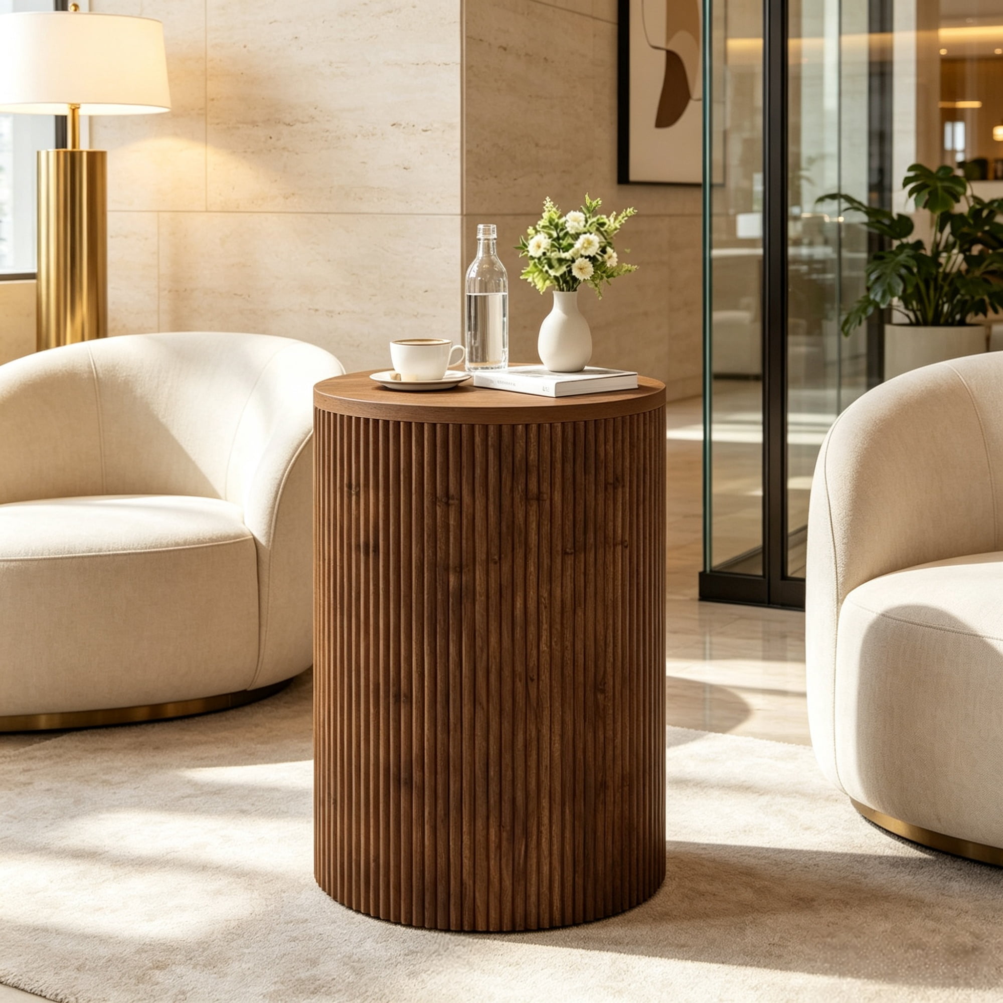 Wooden Round Side Table with Storage & 4 Wheels, No-Assembly Fluted End Table