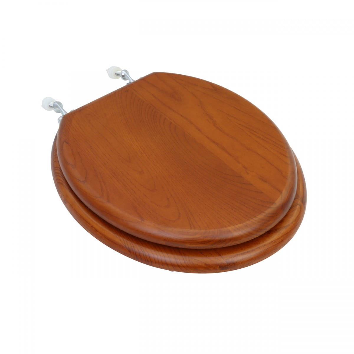 Wooden Round Toilet Seat in Light Mahogany Finish w/Chrome Hinges Easy Clean Wood Toilet Seats w/Soft Bumper Stabilizers | Renovators Supply