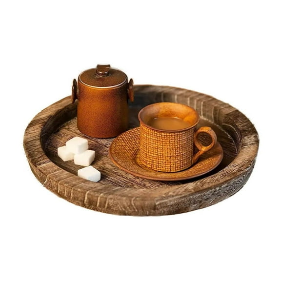 Wooden Round Tray Medium, Rustic Candle Holder Plate for Farmhouse Kitchen Countertop, Solid Wood Coffee Table Home Decor, 1PC, Brown