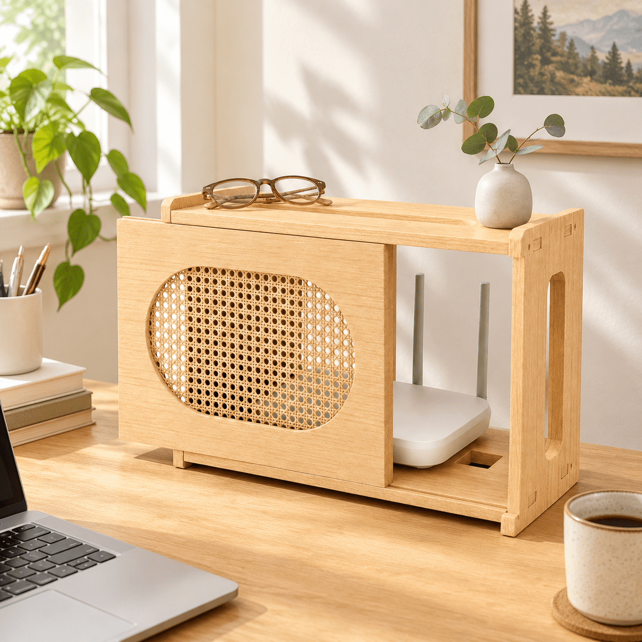 Wooden Router Box with Rattan Door, Light Wood, 15.9 × 13.4 × 5.5 ...